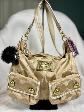 Y2K Coach Poppy Signature Sateen Pocket Hobo in Metallic Gold with Charms